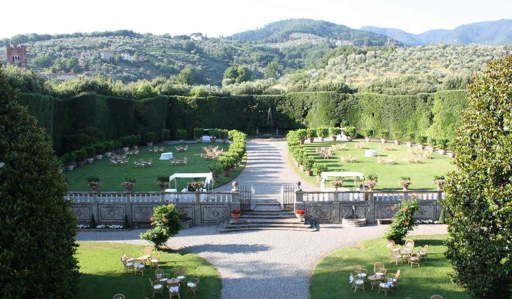Villa Grabau historic villa facade and formal gardens near Lucca